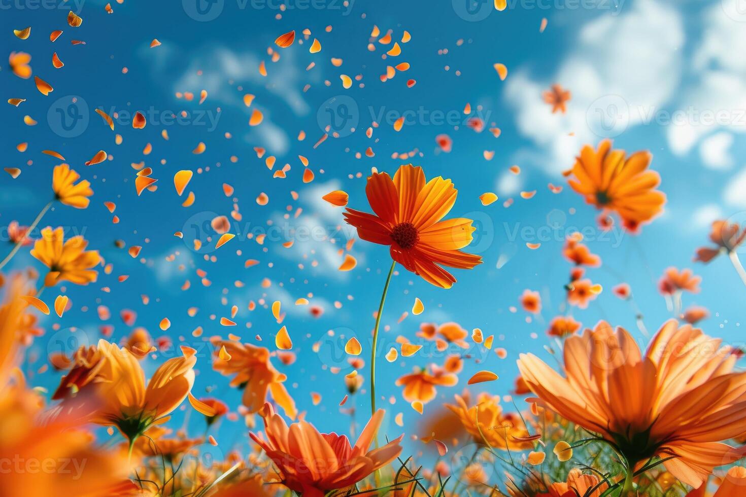 AI generated petal flowers confetti falling from a bright blue sky on an autumn or spring professional photography photo