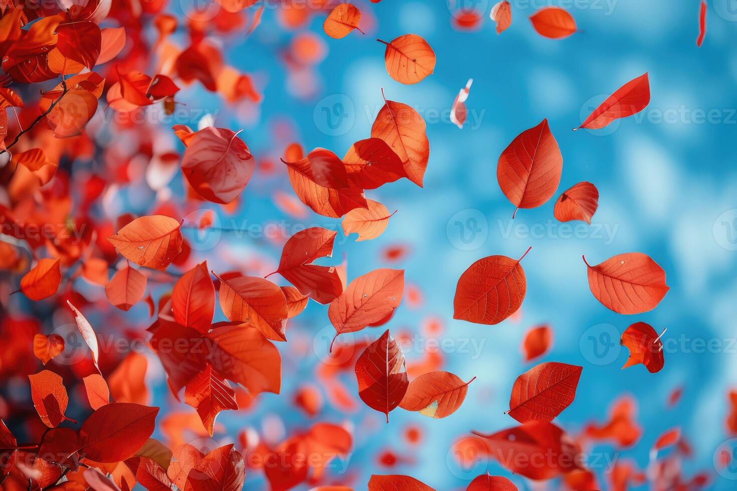 AI generated petal flowers confetti falling from a bright blue sky on an autumn or spring professional photography photo