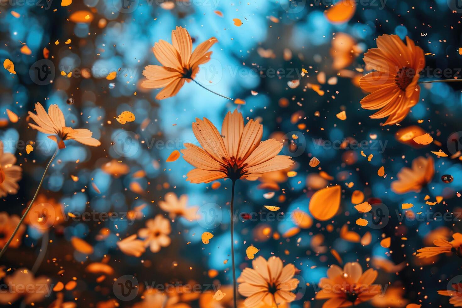 AI generated petal flowers confetti falling from a bright blue sky on an autumn or spring professional photography photo