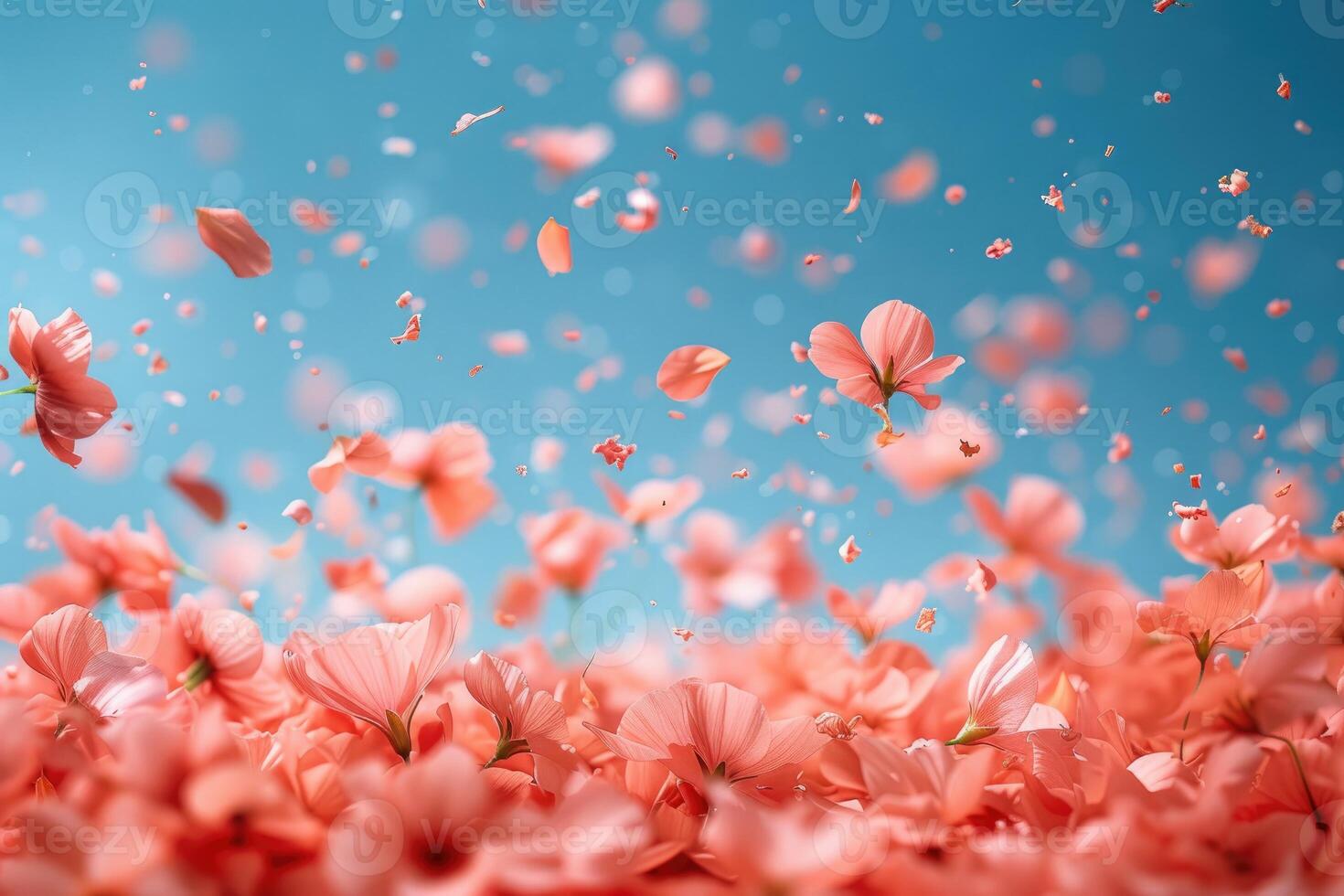 AI generated petal flowers confetti falling from a bright blue sky on an autumn or spring professional photography photo