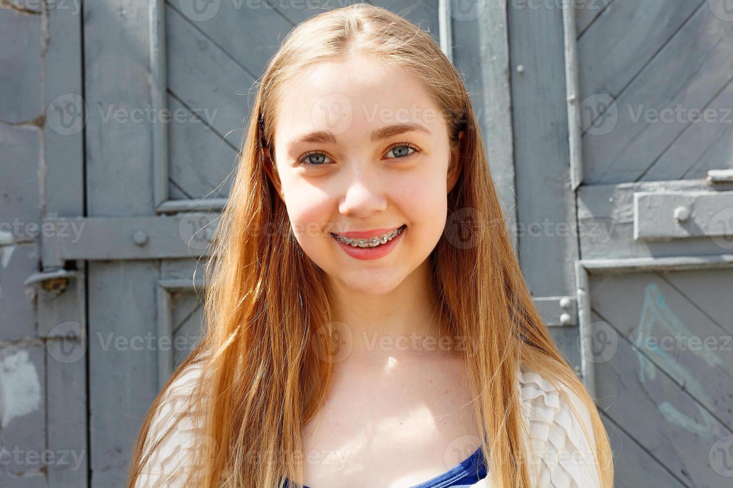 Healthy, beautiful smile, the child to the dentist.Portrait of a little girl with orthodontic appliance . photo