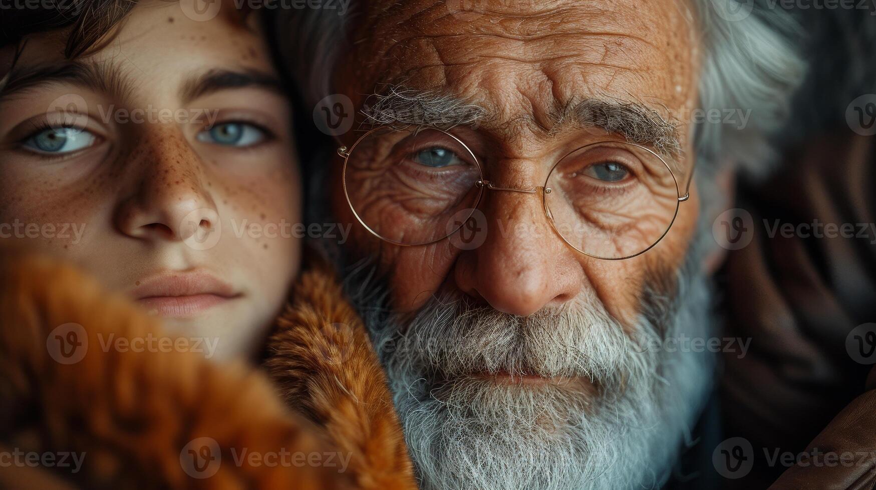 AI Generated A hipster son hugs his old senior father at home, two generations talk with a beard and smile, and enjoy living at home on Father's Day with love for family. photo