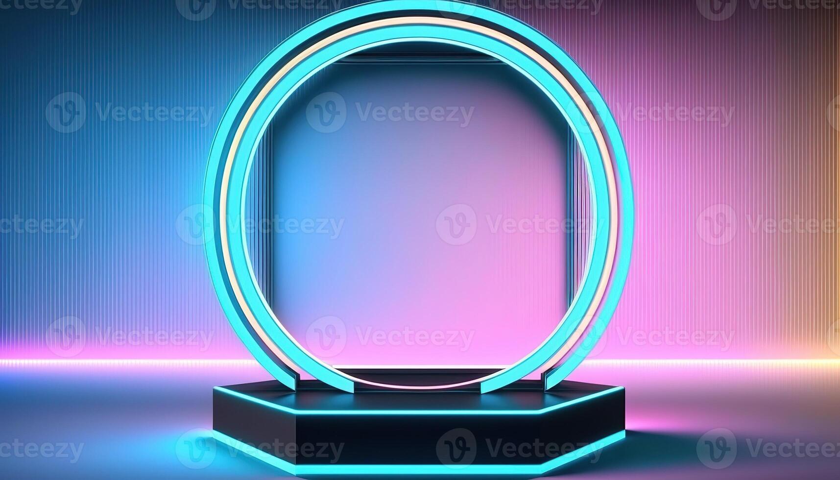 AI Generated Futuristic portal. Science fiction podium, pedestal, platform. Modern empty cyberpunk space. Technological background. Sky-fi digital hi-tech elements for presentation product. AI photo