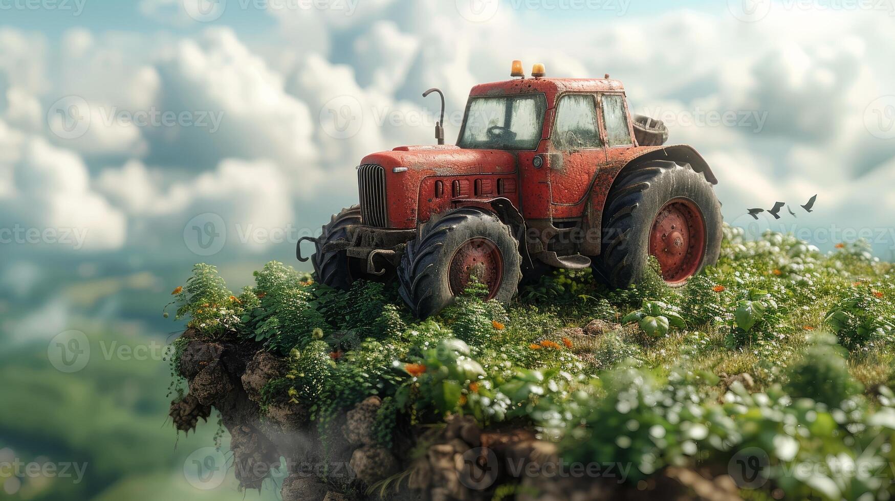 AI Generated This digital farming concept 3d design depicts a tractor on a floating piece of land with flowers and crops. A farm rural is an island with clouds and birds. photo