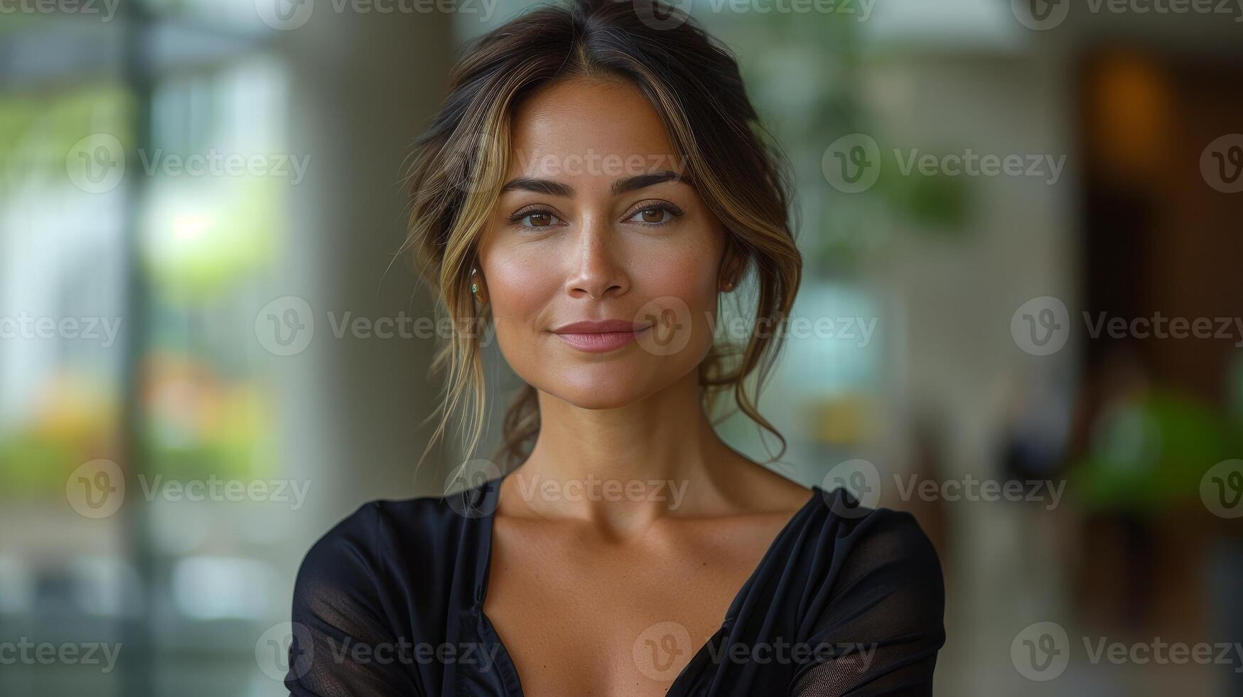 AI Generated In formalwear, a confident latin woman stands in the workplace with arms crossed looking at camera. A happy smiling mid-life businesswoman stands in an office with copy space. photo