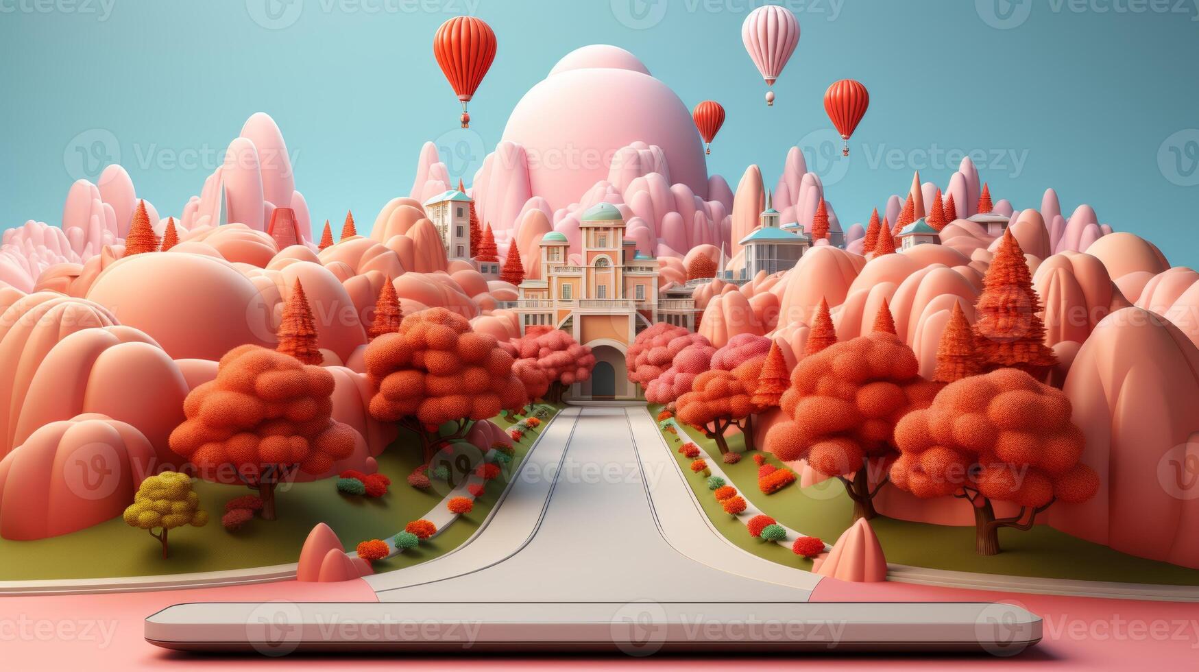 AI Generated An online shopping creative ad mockup design showing a road coming out of a smartphone. , Compound path added photo