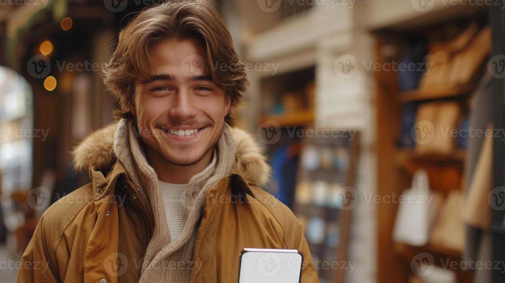 AI Generated An emotional young man holding a big blank cell phone showing the white screen to the camera as he points it at you. A millennial man recommending a new app or mobile website, with a photo