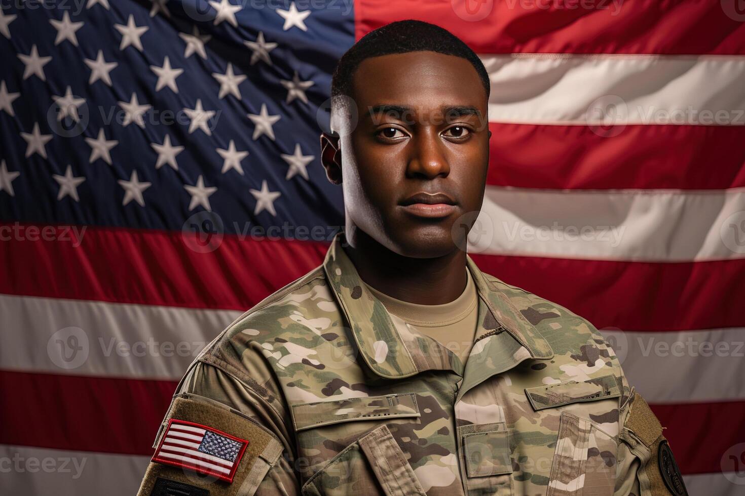 AI Generated A soldier on the background of the US flag photo