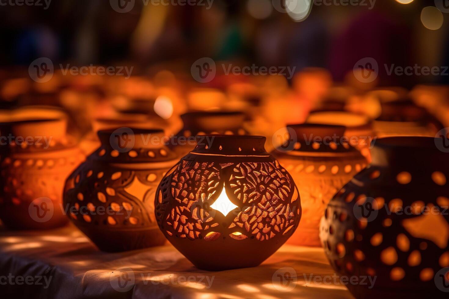 AI Generated Diya lamps on a reflective base with glittering bokeh photo