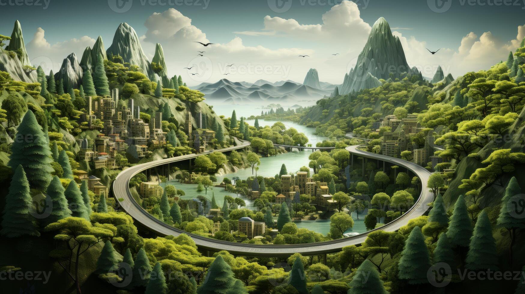 AI Generated In this illustration, you see a curved road through a forest with mountains, trees, and animals isolated from each other. The jungle skyline with the peace of the land is also isolated photo
