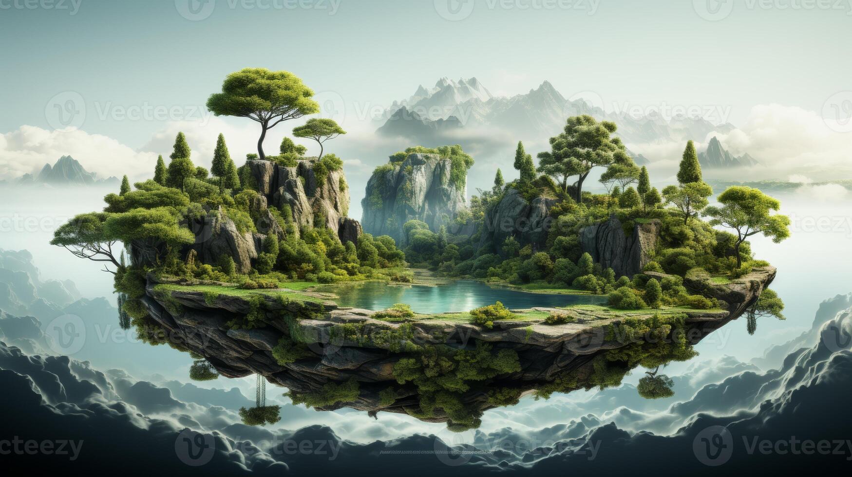 AI Generated Isolated floating island with waterfalls, trees, green grass, river. Surrealism of flying island with waterfalls and trees, landscape. photo