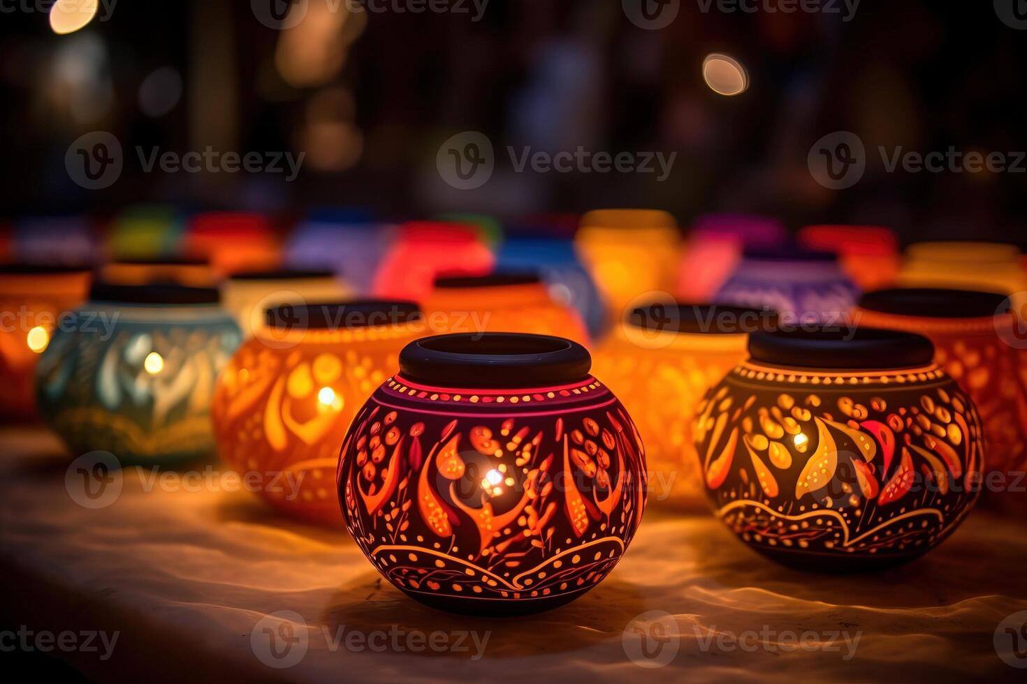 AI Generated Happy Diwali - Clay Diya lamps lit during Diwali photo