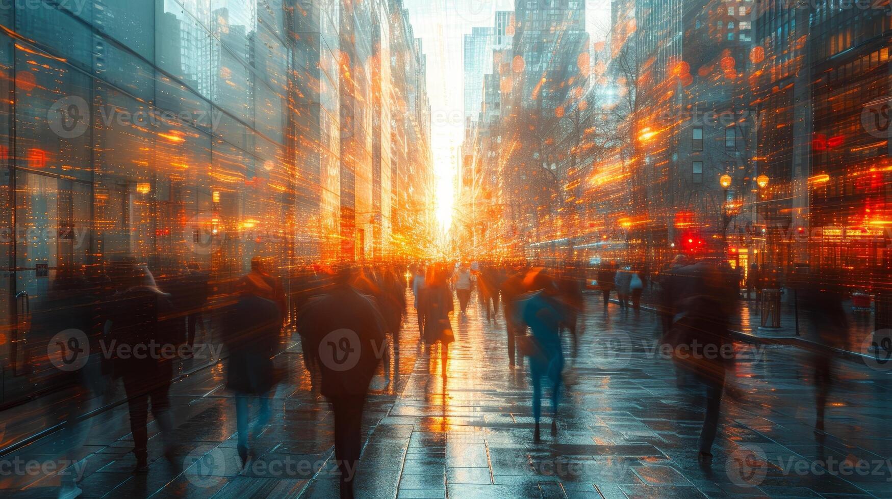 AI Generated This motion blur is an excellent choice for web and magazine layouts showing people walking in the morning rush hour. photo