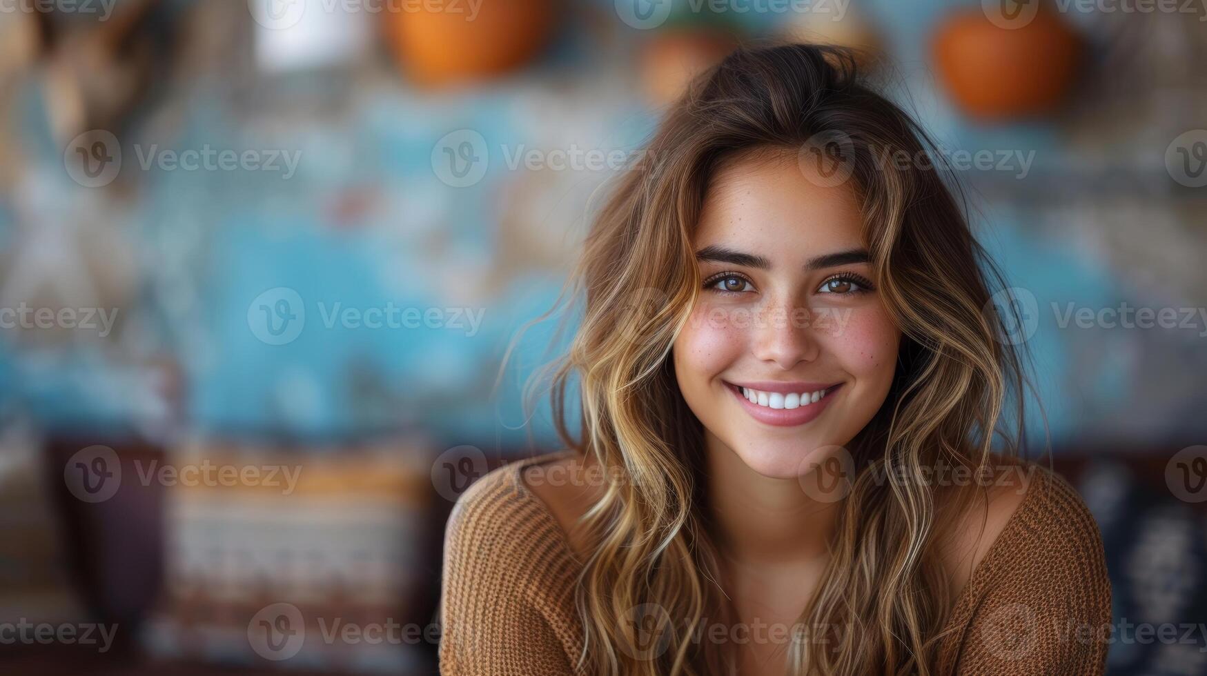 AI Generated A young and happy Latina uses a laptop device against a blue background. The computer is being held by the female model, who is smiling while she is presenting a job search website photo