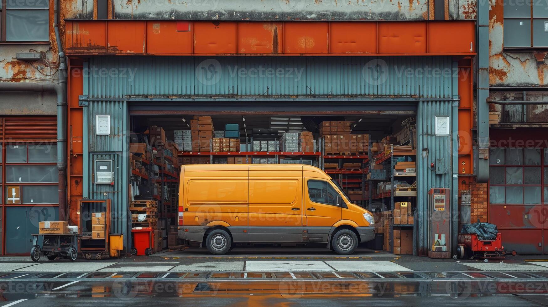 AI Generated In front of a logistics warehouse with an open door, a delivery van loading cardboard boxes. A truck delivers wholesale merchandise, online orders, e-commerce goods, and purchases. photo