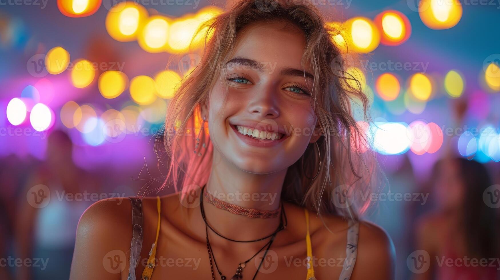 AI Generated In the evening, a young Caucasian woman is dancing at an open-air concert. photo