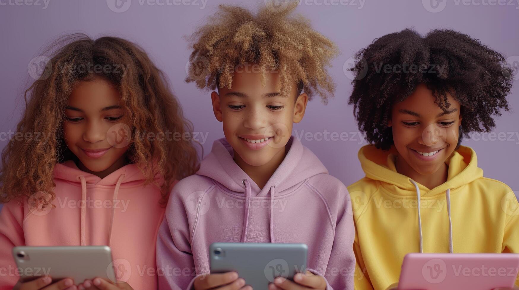 AI Generated Isolated on lightly purple background, young happy curly African American teenager boy holds digital tablet computer technology while surfing and learning on it while wearing pink hoodie. photo