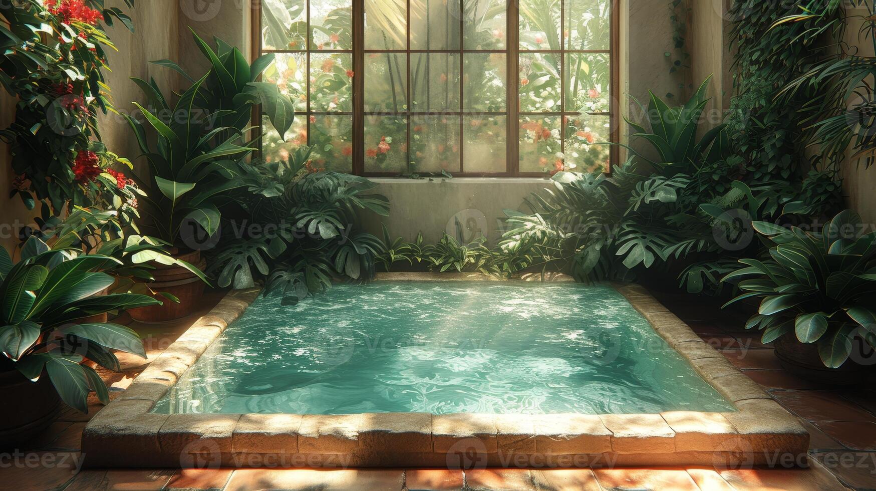 AI Generated The swimming pool of the home is located in the garden and on the terrace photo