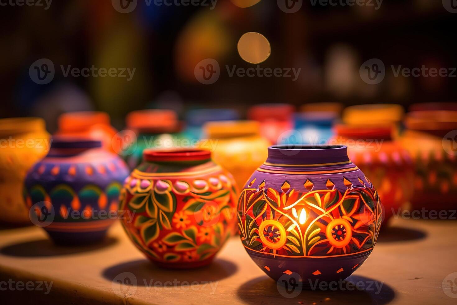 AI Generated Happy Diwali - Clay Diya lamps lit during Diwali photo