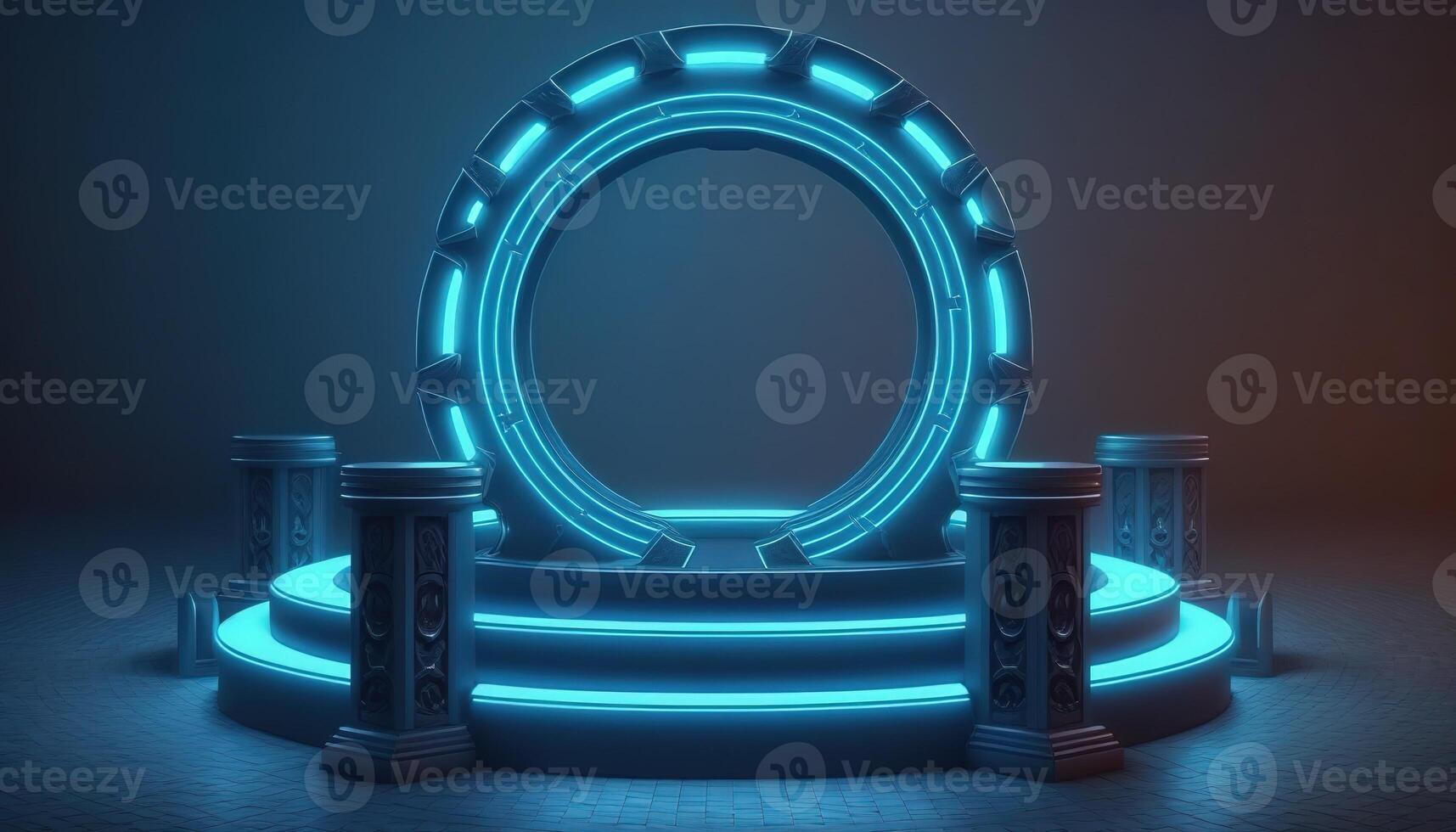 AI Generated Futuristic portal. Science fiction podium, pedestal, platform. Modern empty cyberpunk space. Technological background. Sky-fi digital hi-tech elements for presentation product. AI photo