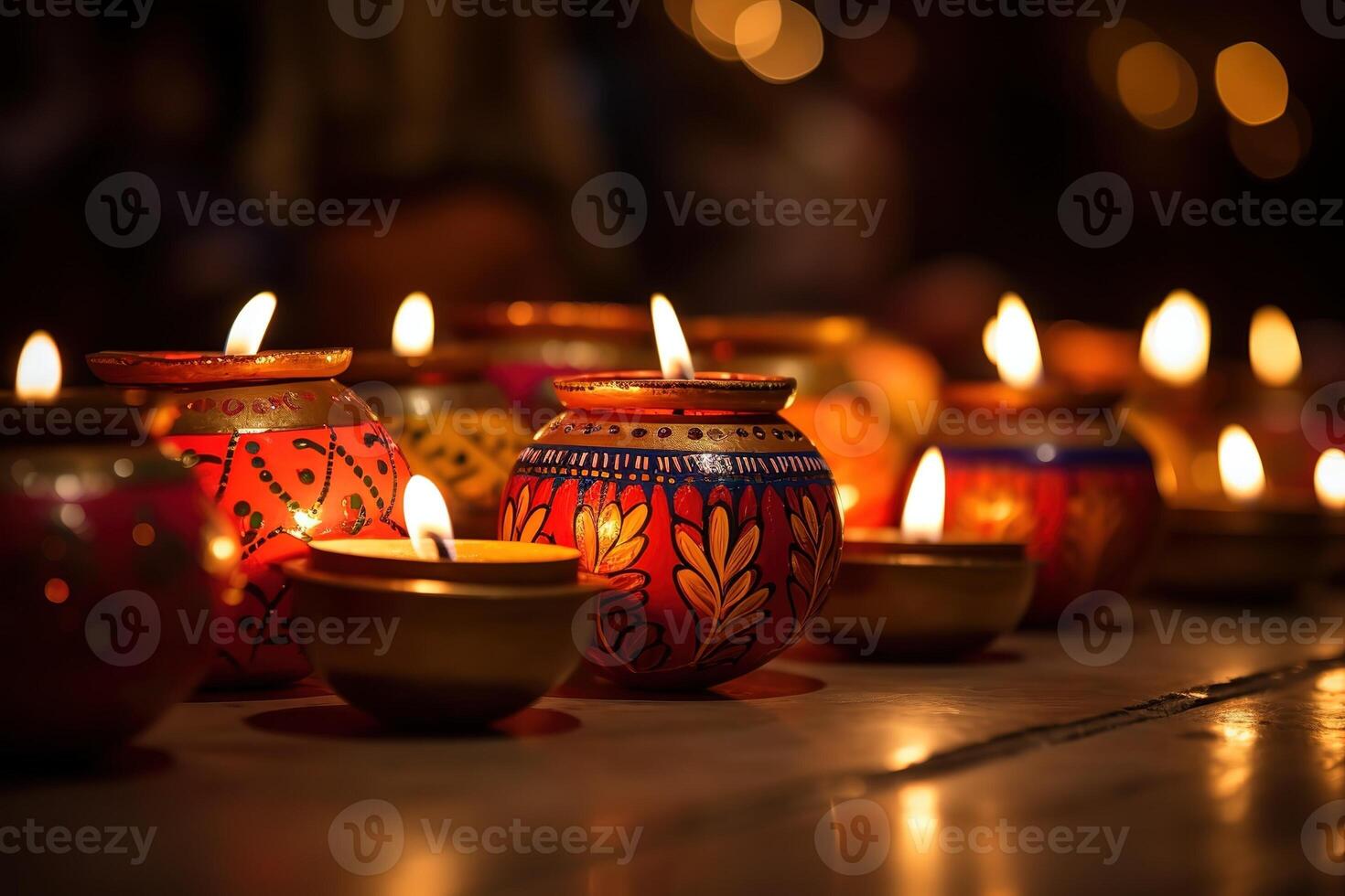 AI Generated A group of decorative Indian Diwali lamps photo