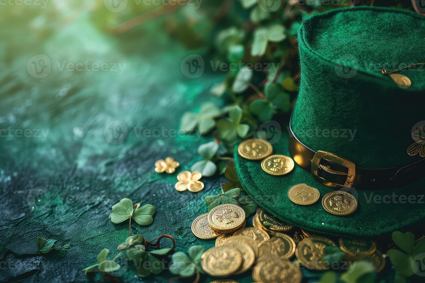 AI Generated Green Leprechaun hat with coins for St. Patrick's Day photo