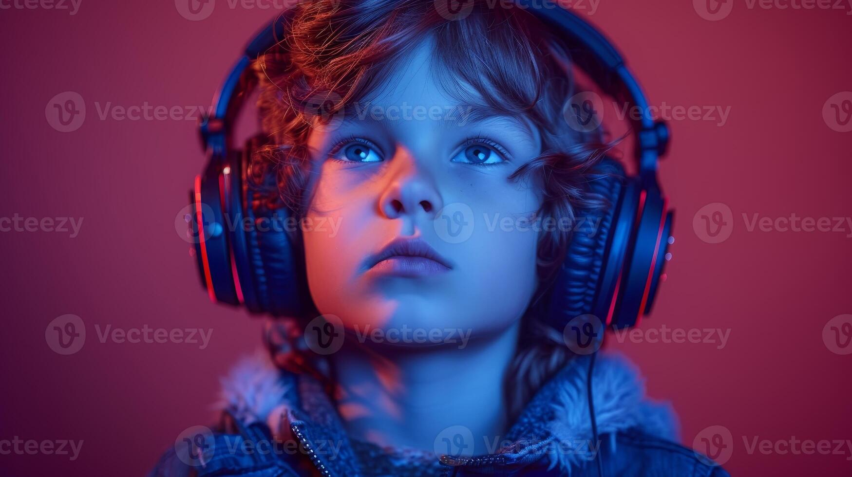 AI Generated Stupid boy listening to music in neon lights - studio shot. Child holding headphones isolated over red and purple. photo