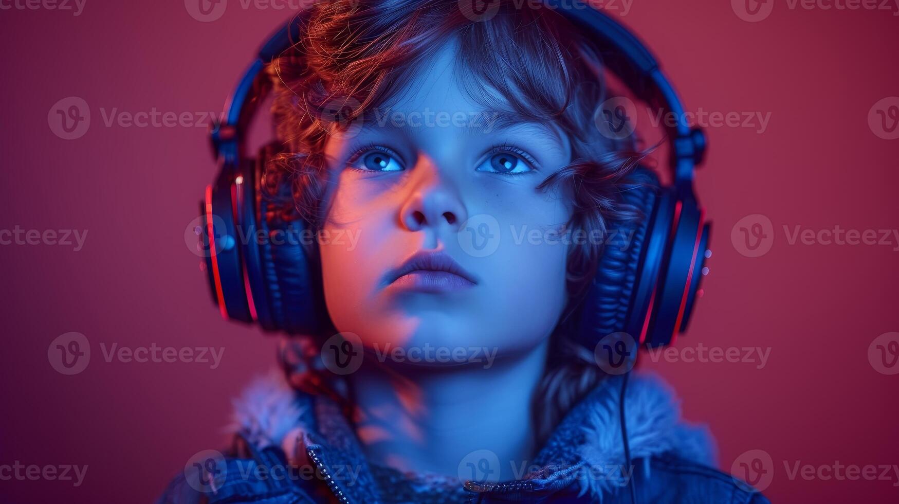 AI Generated Stupid boy listening to music in neon lights - studio shot. Child holding headphones isolated over red and purple. photo