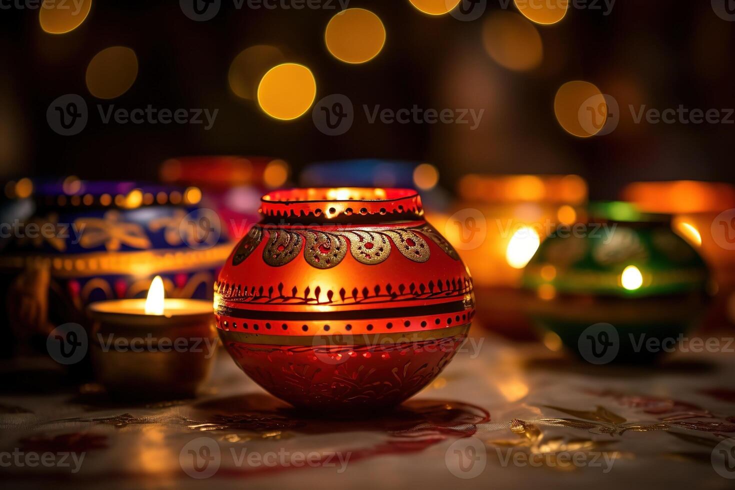 AI Generated A group of decorative Indian Diwali lamps photo