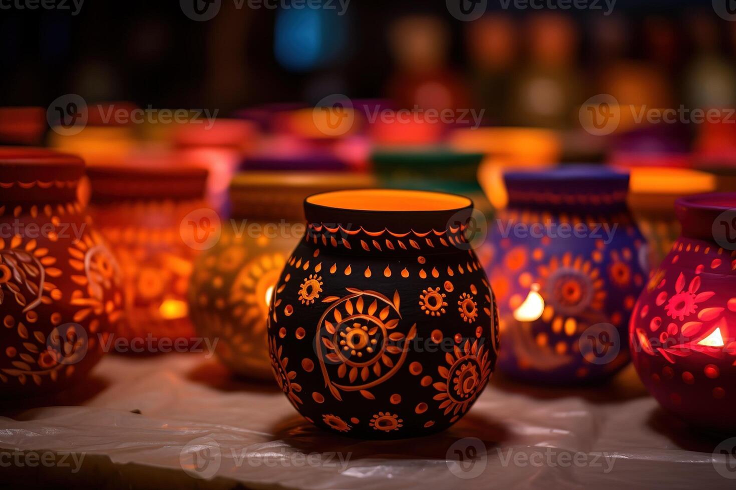 AI Generated Happy Diwali - Clay Diya lamps lit during Diwali photo