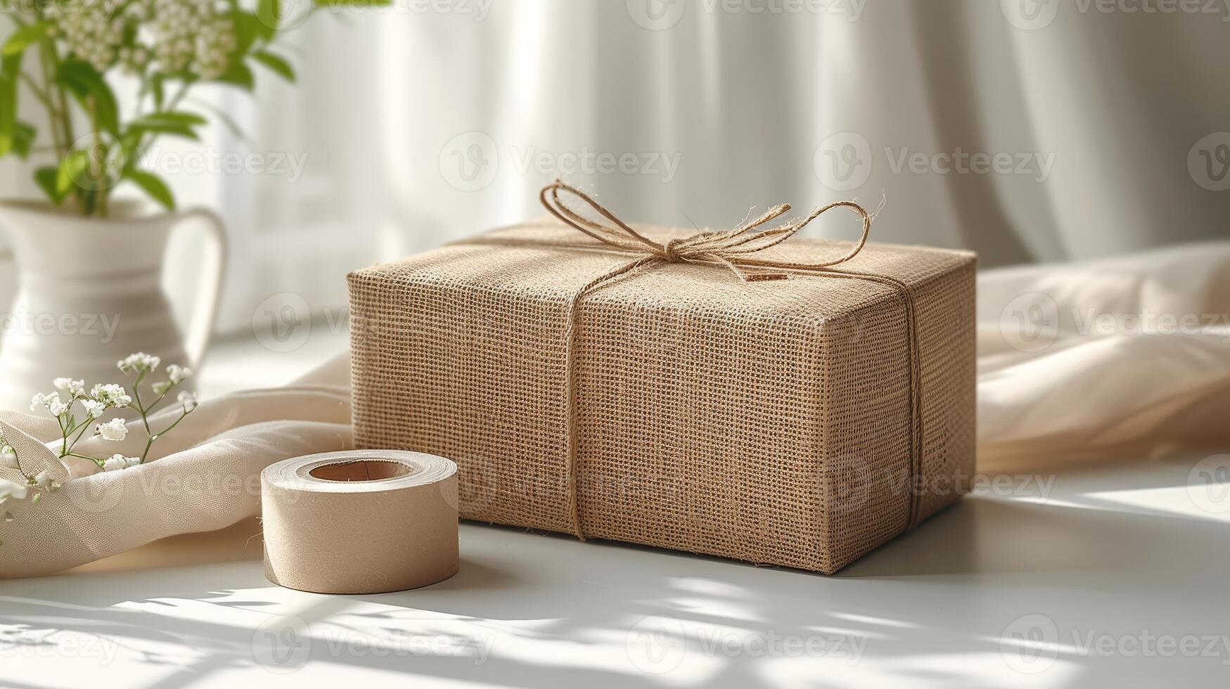 AI Generated Box made of brown cardboard on a white background with tape. A suitable packaging box. photo