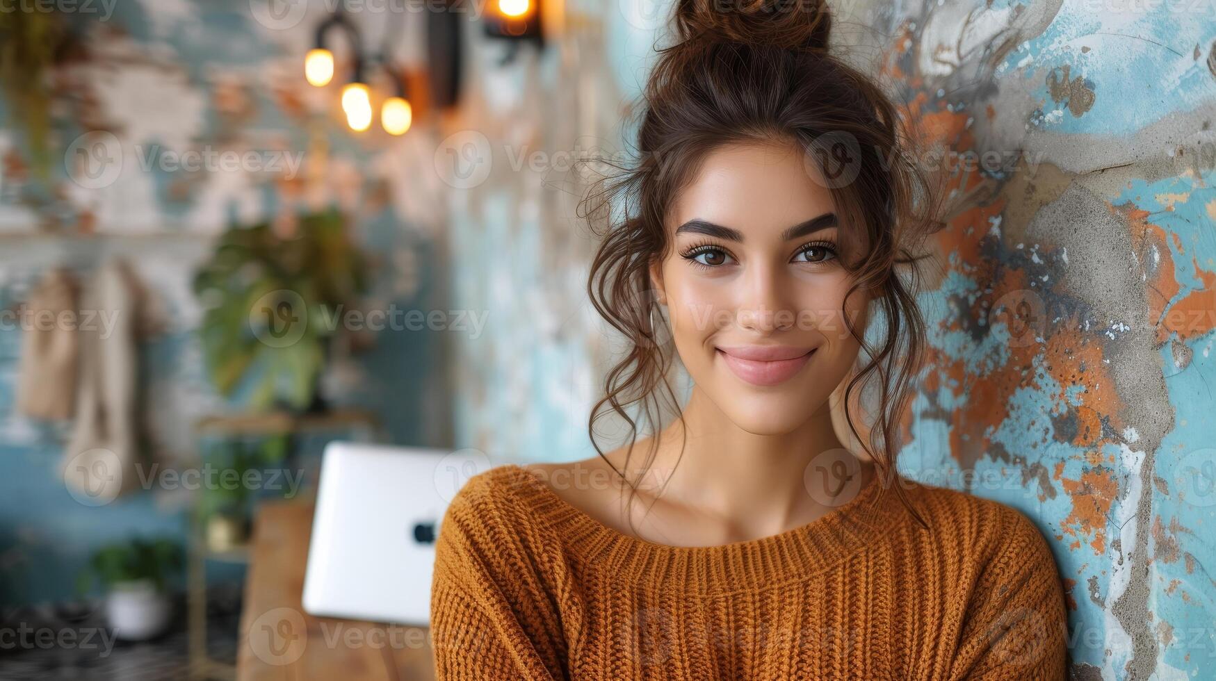 AI Generated Woman using laptop device isolated on blue background. Smiling female model holding computer presenting advertising job search, online shopping, online services. photo