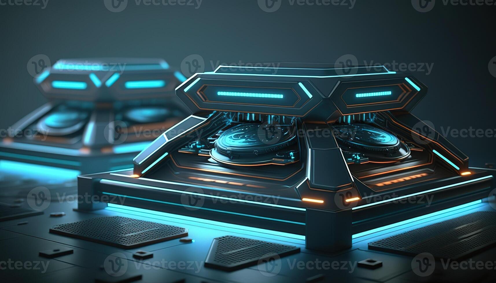 AI Generated Futuristic portal. Science fiction podium, pedestal, platform. Modern empty cyberpunk space. Technological background. Sky-fi digital hi-tech elements for presentation product. AI photo