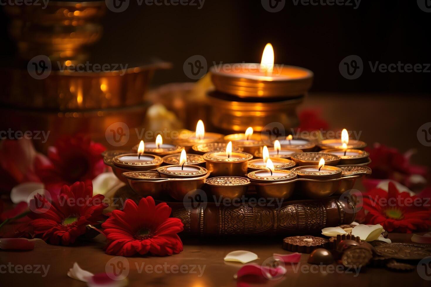 AI Generated Diya lights lamps on multicolored rangoli. photo