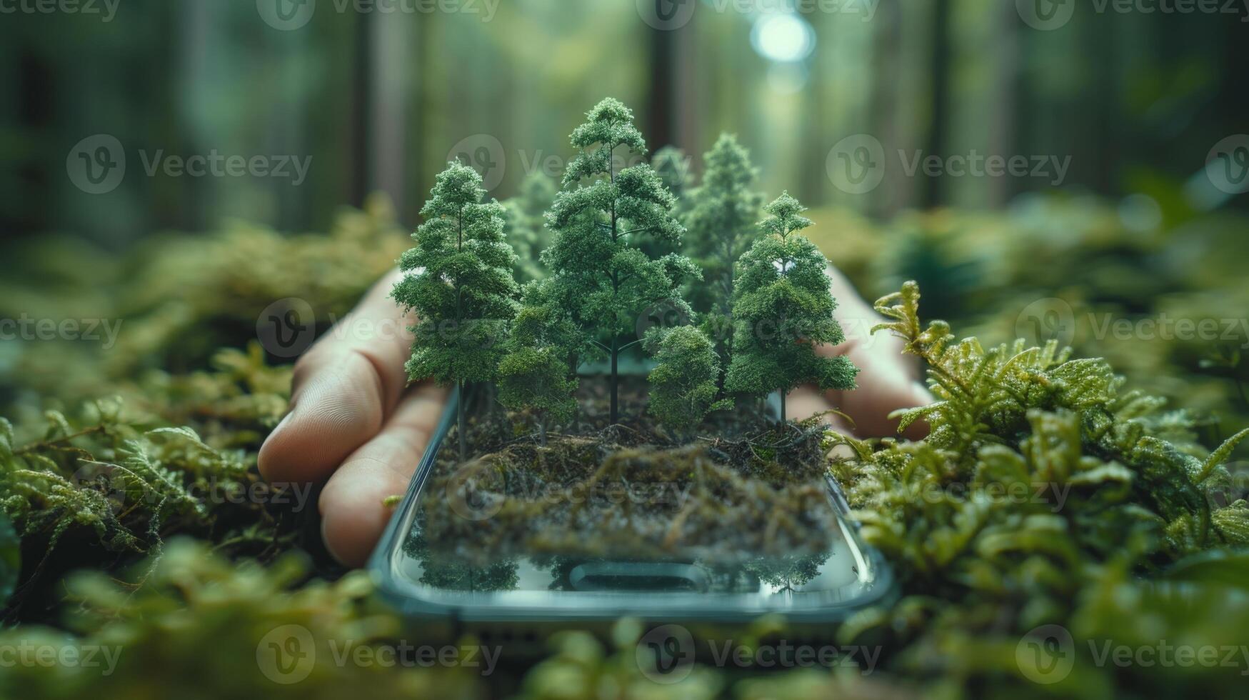 AI Generated Virtual modern smart phone used by businessman with team to reduce CO2 emissions, carbon footprint, and climate change. Sustainable development and green business plan. photo
