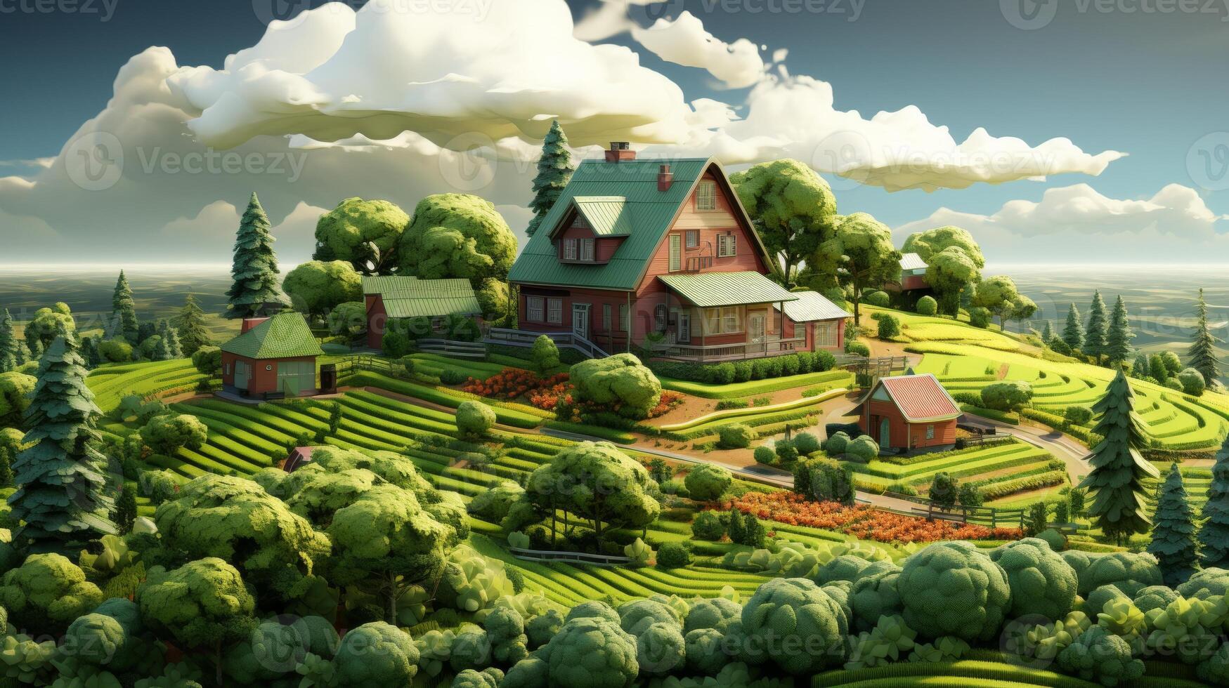 AI Generated Isolated farm in 3D illustration with crops on a cutaway piece of land, surrounded by clouds. Isolated green farm 3D illustration, isometric design. photo