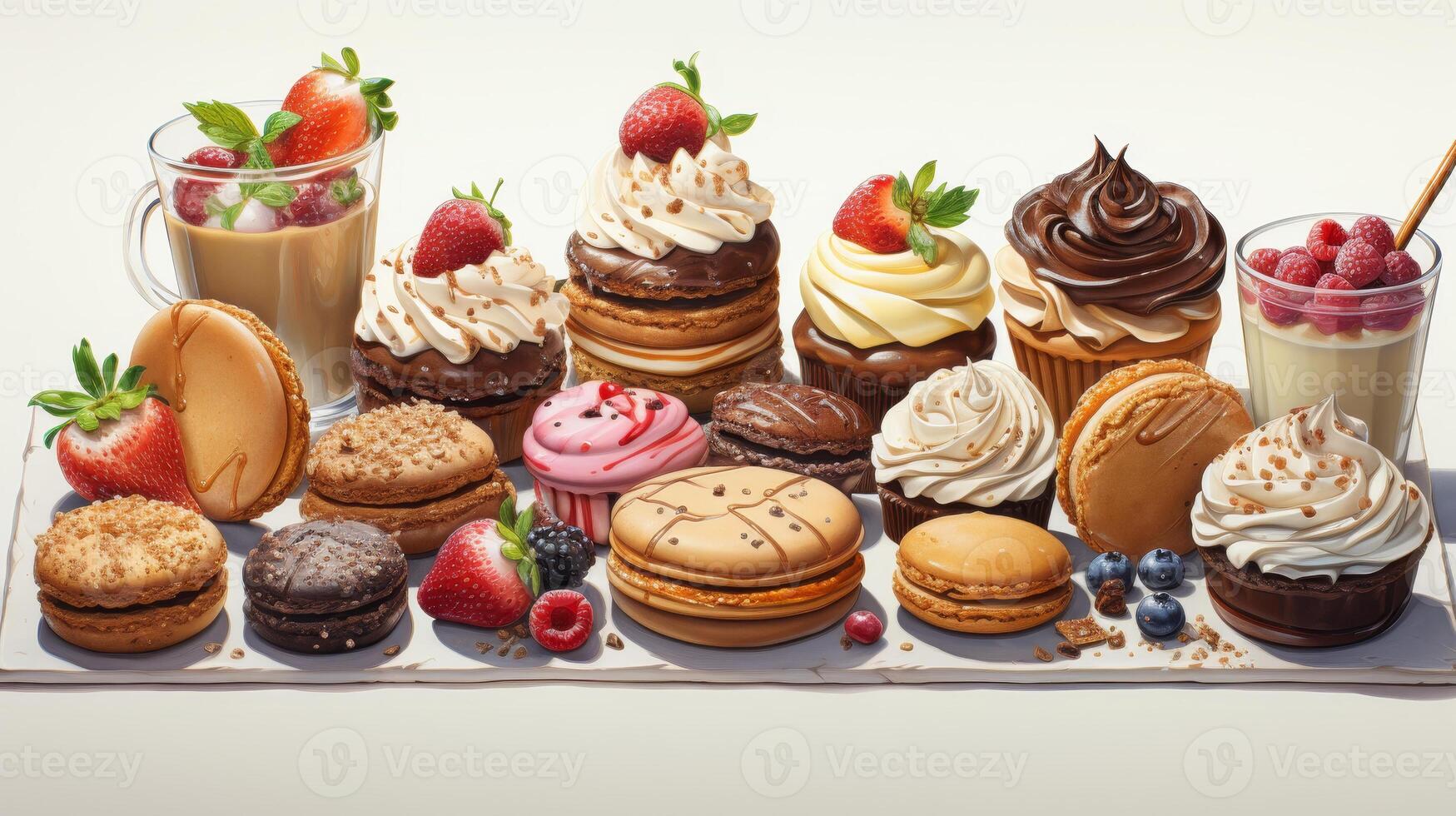 ai generado allí son un variedad de dulces y postres presentado aquí. allí son chocolate pasteles, pastelitos, rojo terciopelo pasteles, manzana empanadas, macarrones, pretzels, donas, pasteles, magdalenas, galletas foto