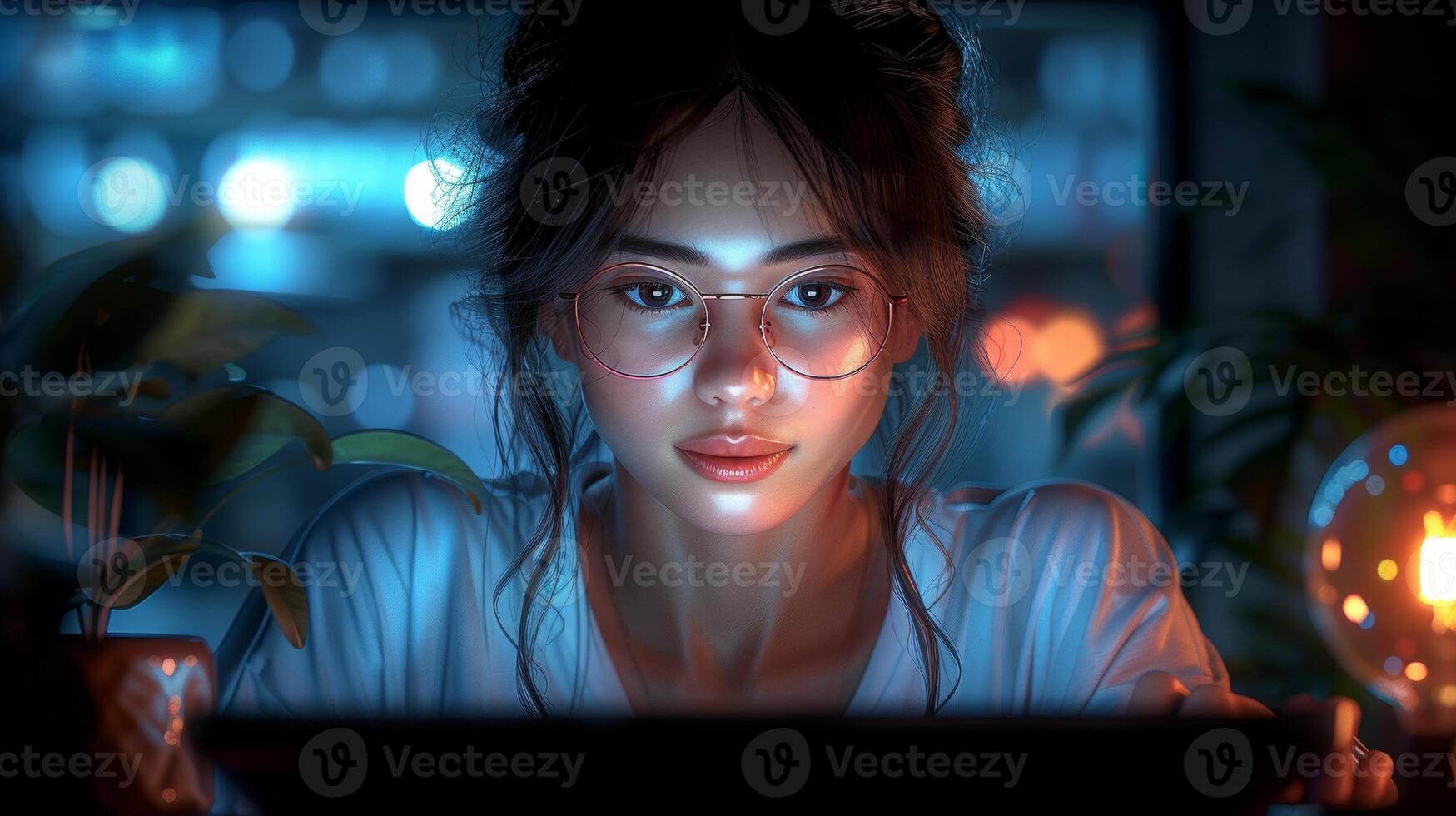 AI Generated The stylish female is working on her computer in the evening in a company office. The young manager is browsing the internet, shopping online, and reading social media posts from friends photo