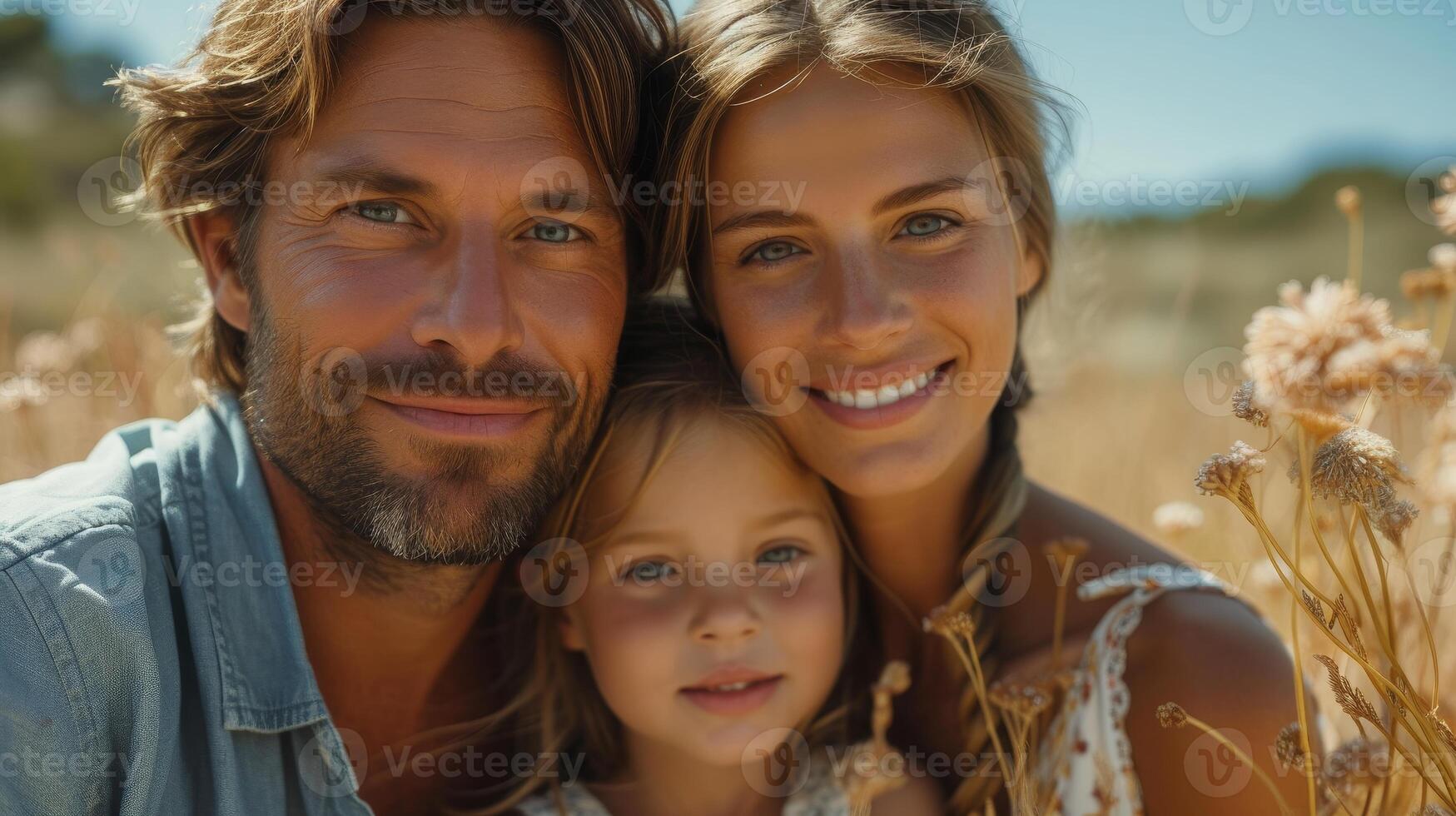 AI Generated On holiday, vacation, or summer trip, a family portrait in nature. Travel, parents and a little girl. Parent love and care, enjoying time together. photo