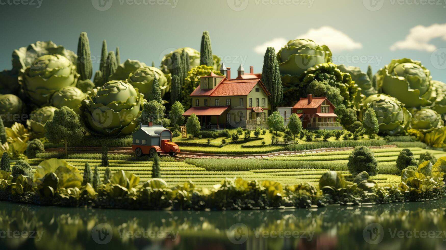 AI Generated In this 3D illustration, a tractor is harvesting crops on a piece of farm land surrounded by crops. This is a smart farming concept design for an island with tractors. photo