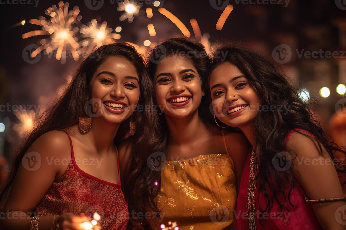 AI Generated Young beautiful Indian women at the Diwali celebration photo