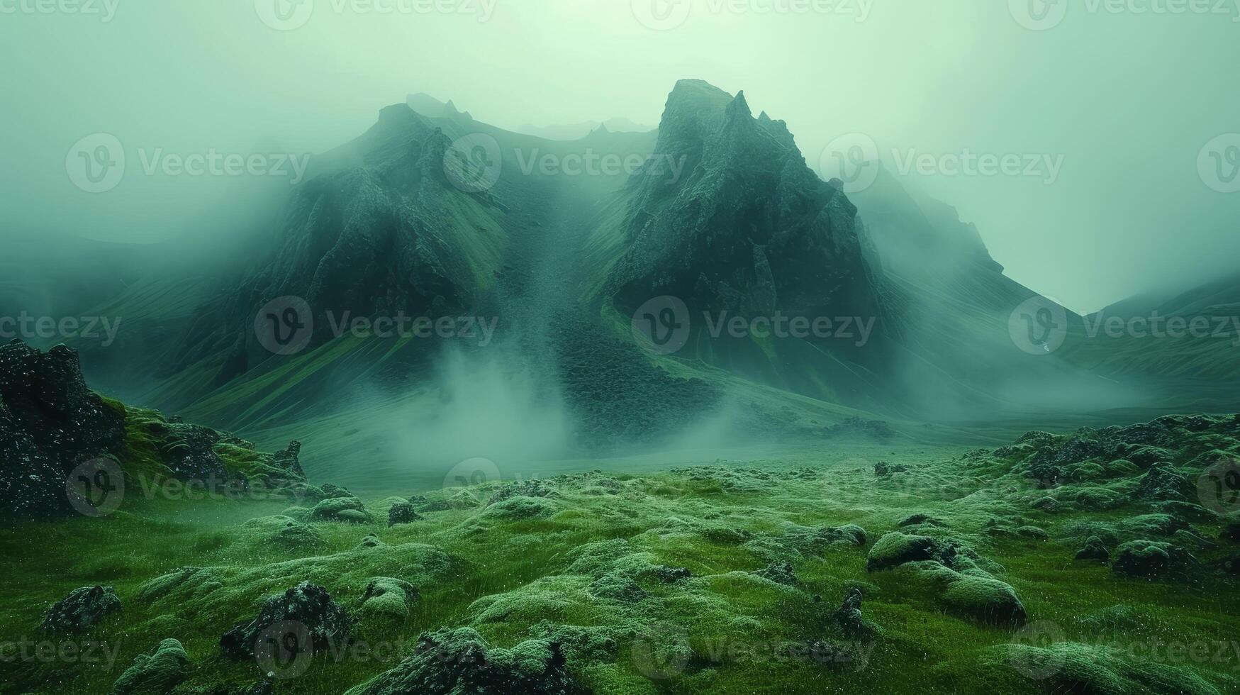 AI Generated View of the Himalayas on a foggy night - Mt Everest visible through the fog with dramatic and beautiful lighting photo