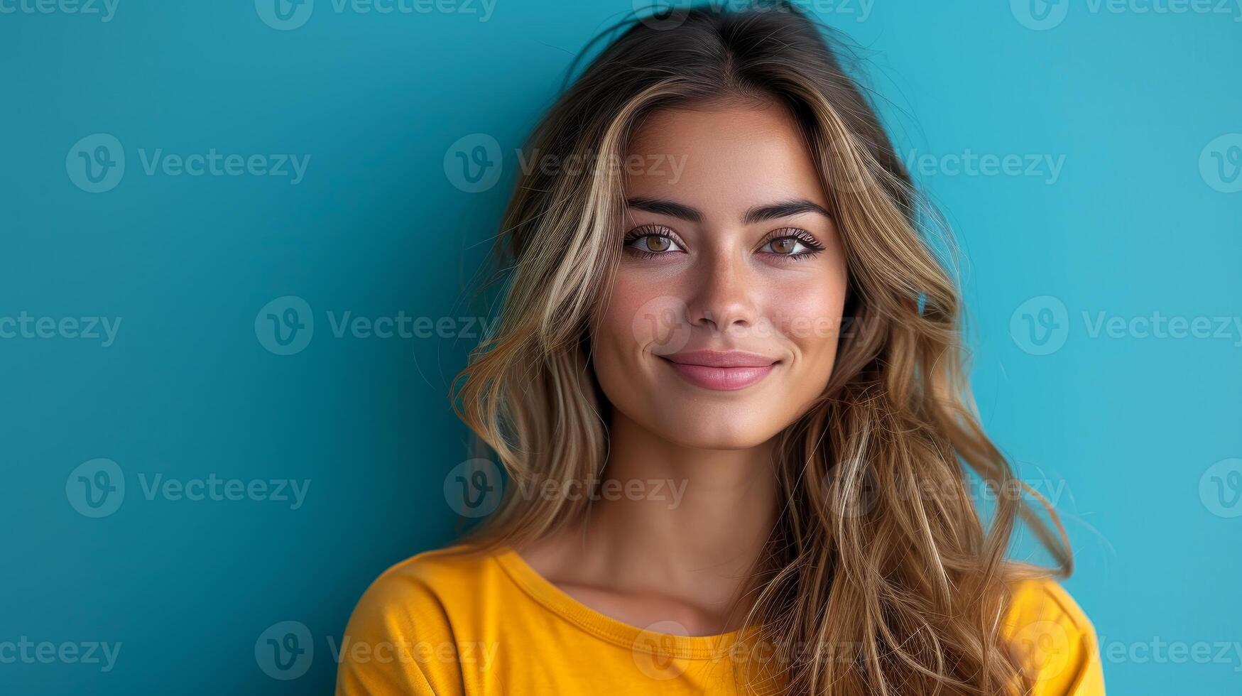 AI Generated Smiling female model user holding computer presenting advertising job search websites or shopping websites, online services concept. photo