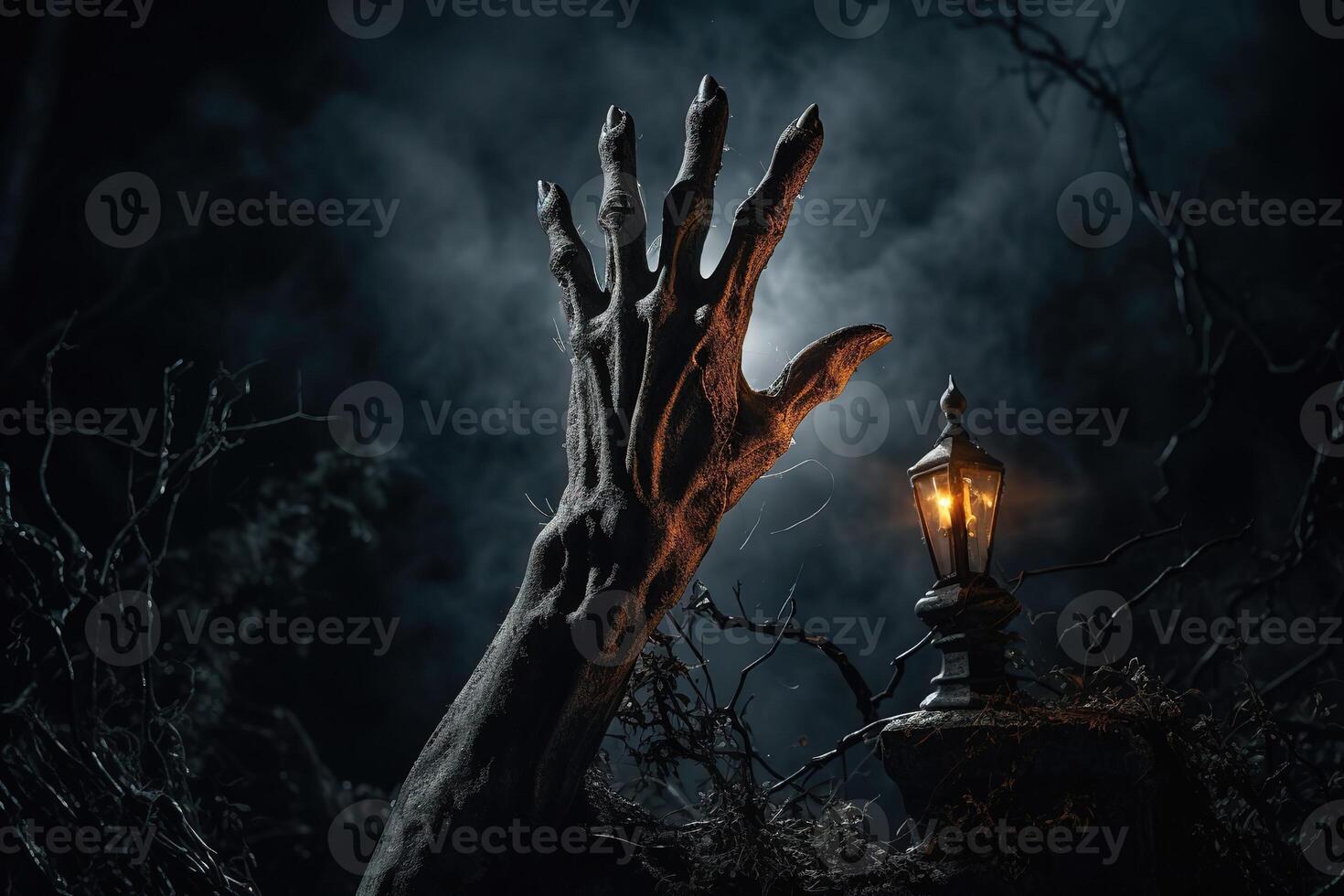 AI Generated Halloween Concept. A zombie hand rising from the ground photo