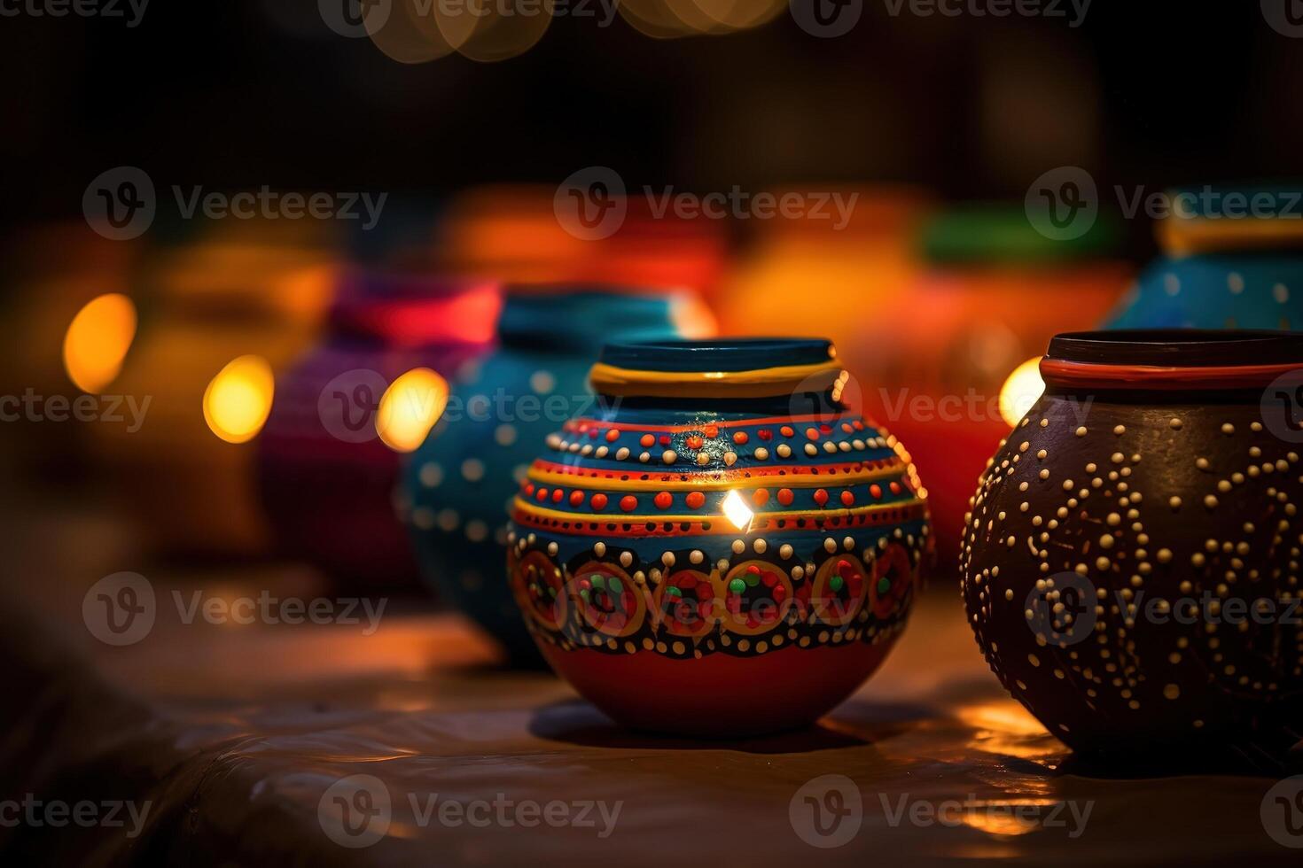 AI Generated Happy Diwali - Clay Diya lamps lit during Diwali photo