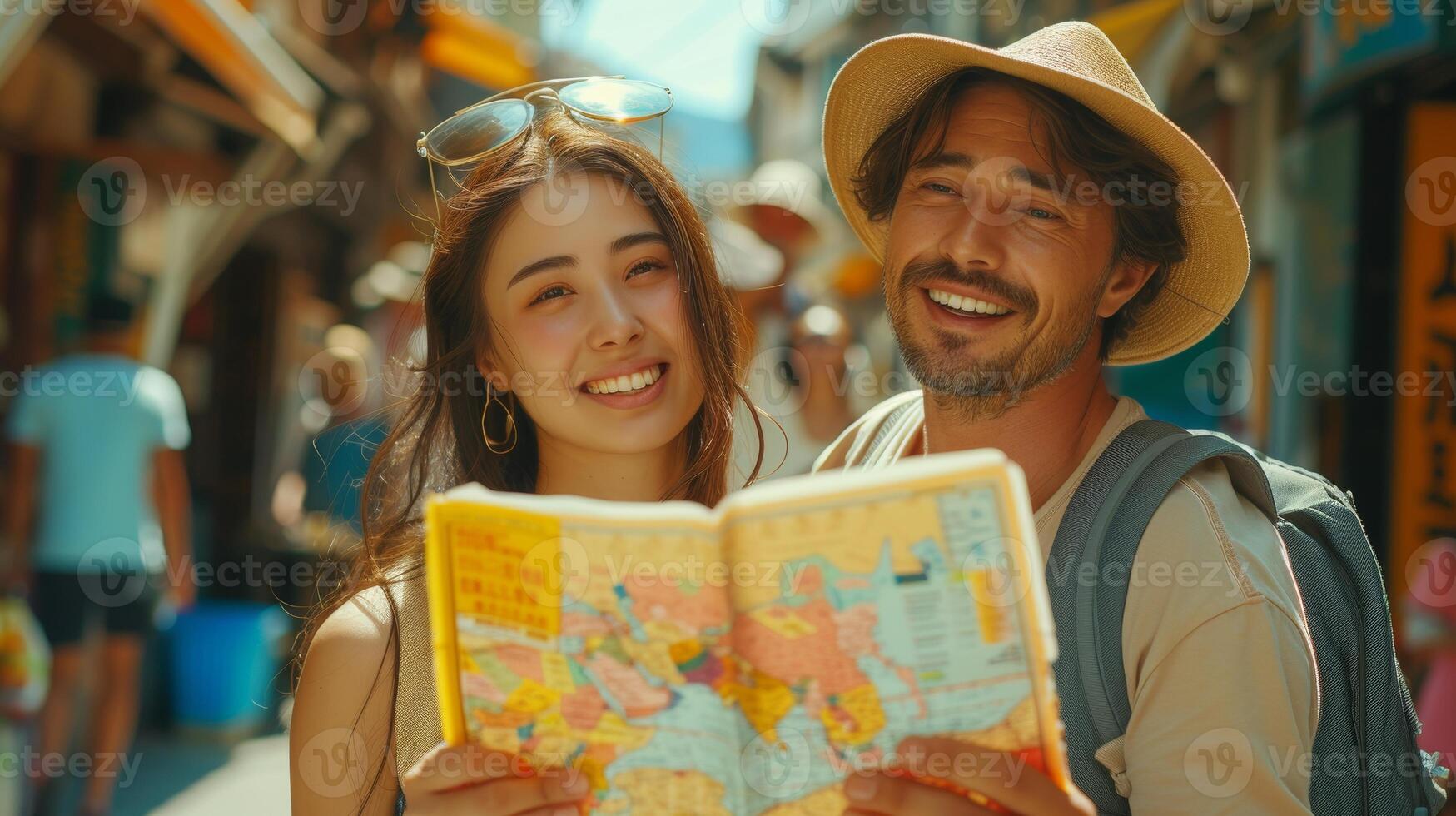 AI Generated Couple using a local map on a sunny day, man pointing forward to copy space. Honeymoon trip, backpacker tourist, Asia city tourism, or summer vacation travel concept. photo