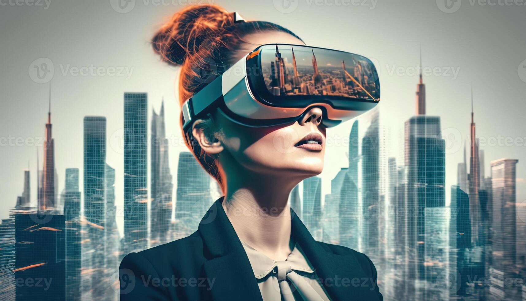 AI Generated Metaverse concept and virtual world elements. Silhouette of a human face in augmented or virtual reality headset, Generative AI technology photo