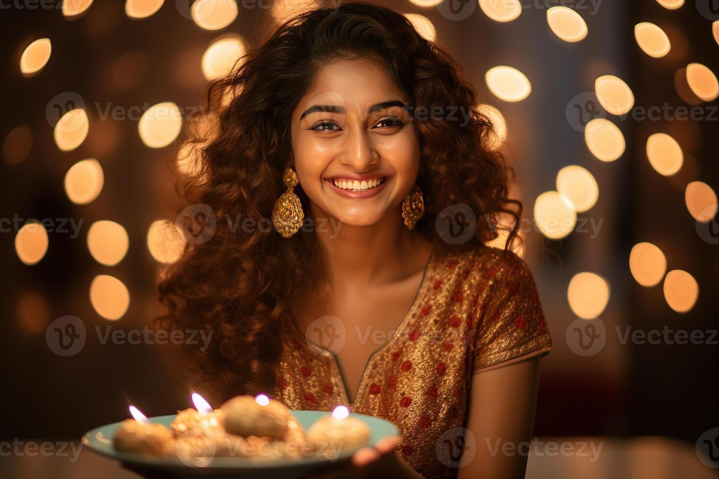 AI Generated Young beautiful Indian woman at Diwali celebration photo