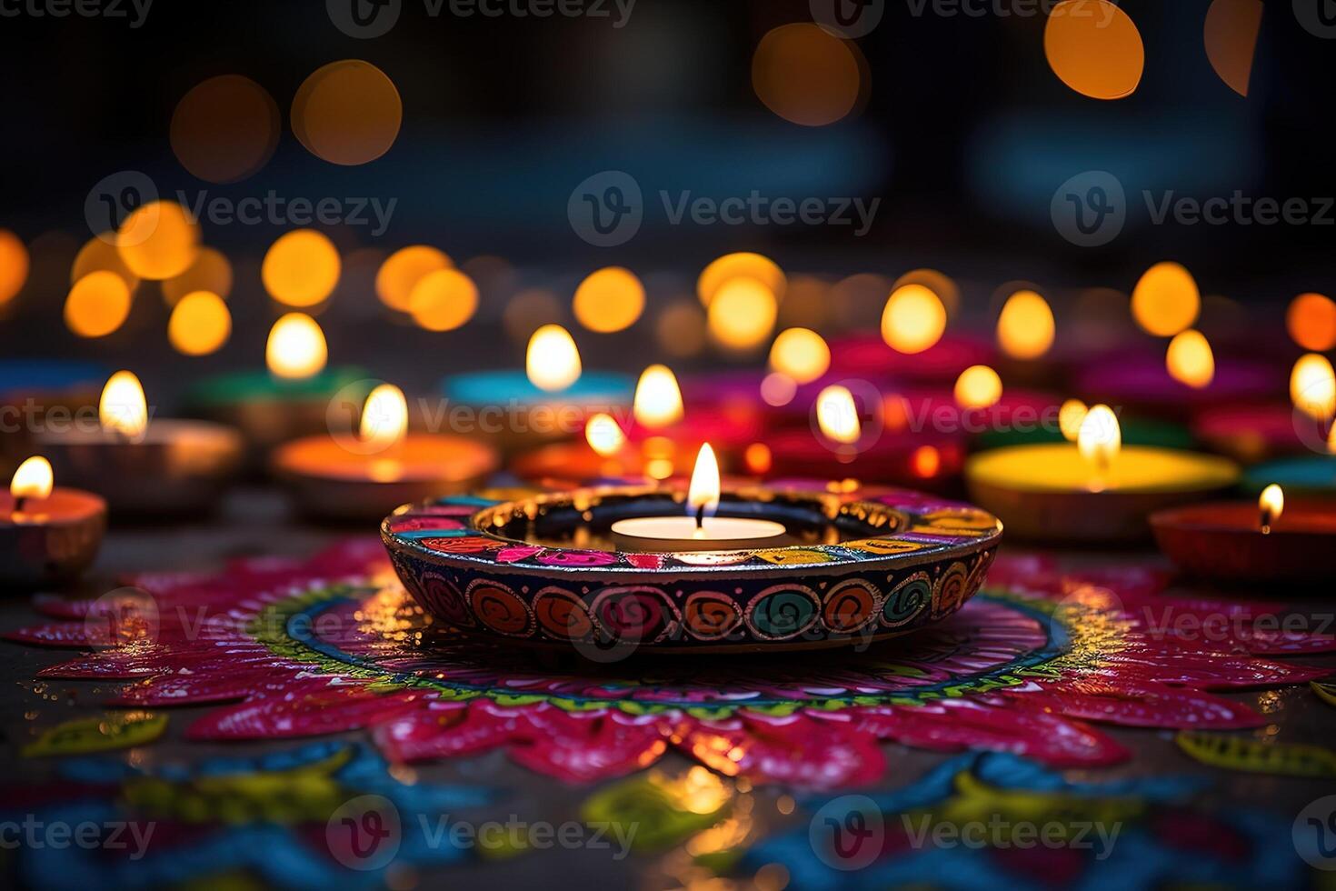 AI Generated A group of decorative Indian Diwali lamps photo