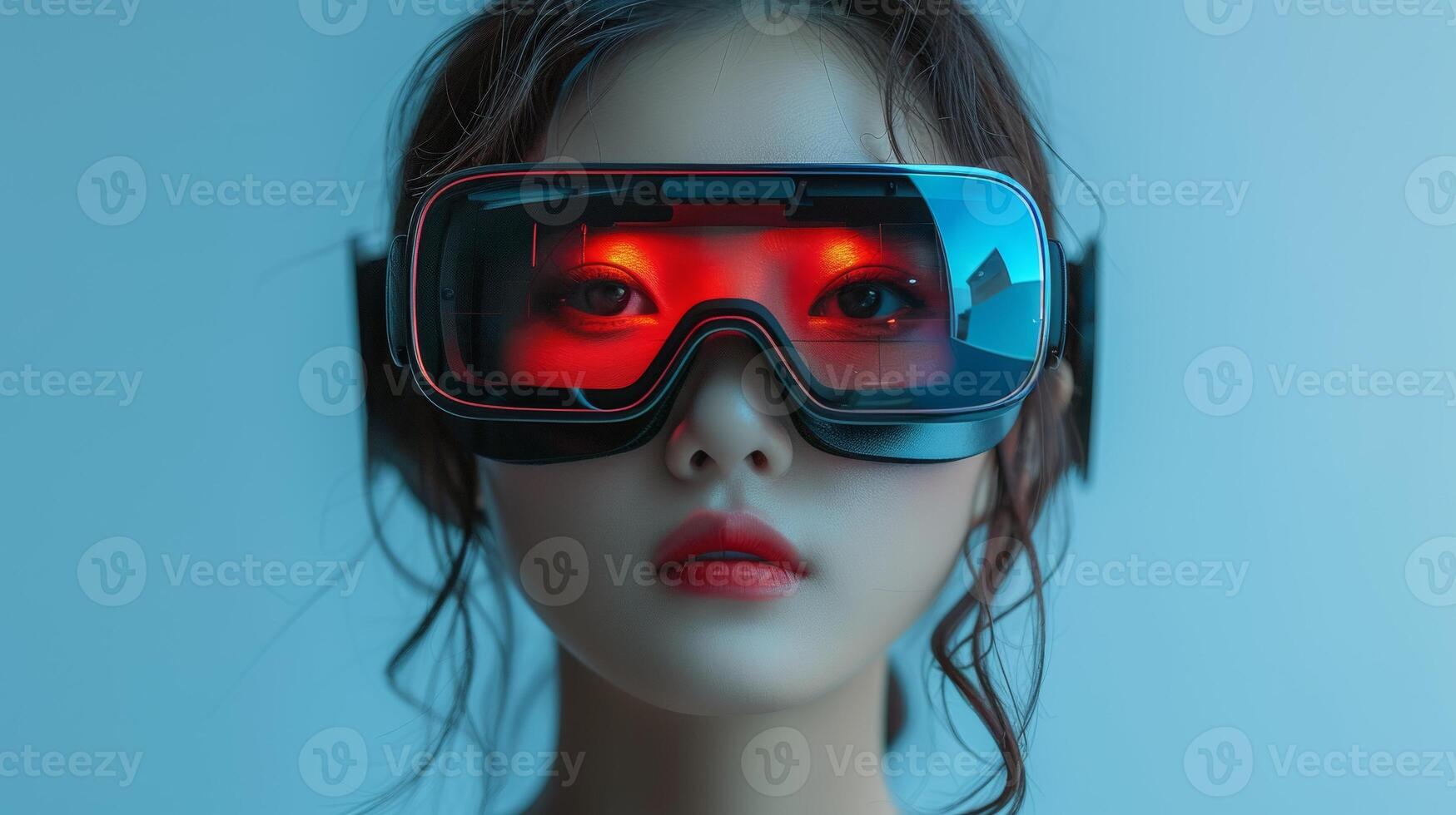 AI Generated This beautiful young Asian girl wears glasses and a virtual reality headset, showing her interest in virtual reality. photo